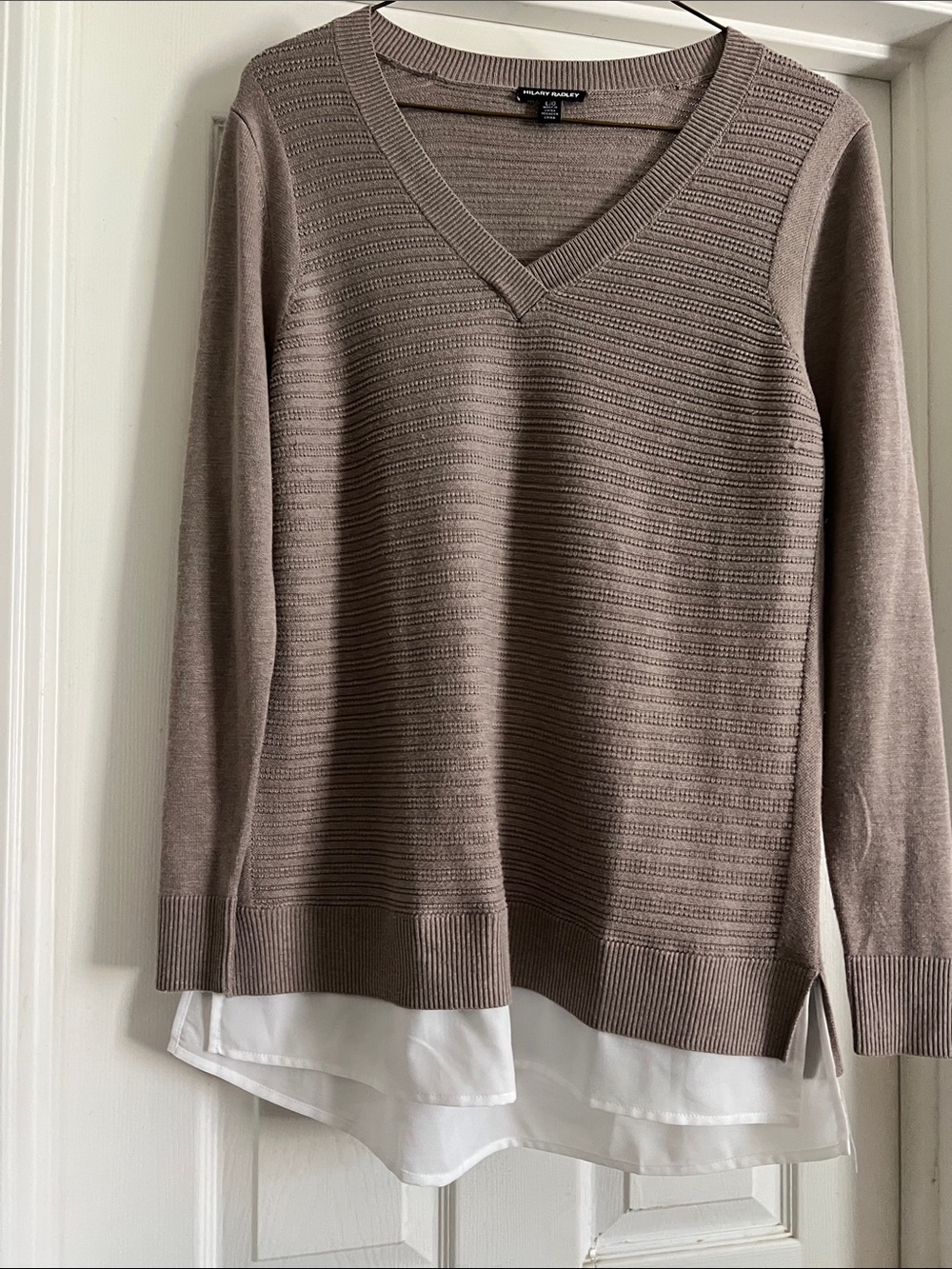 Hilary Radley Taupe V-Neck Sweater with White Chiffon Hem